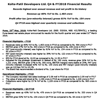 Kolte-Patil Developers Ltd. Q4 & FY2018 Financial Results - Life Republic